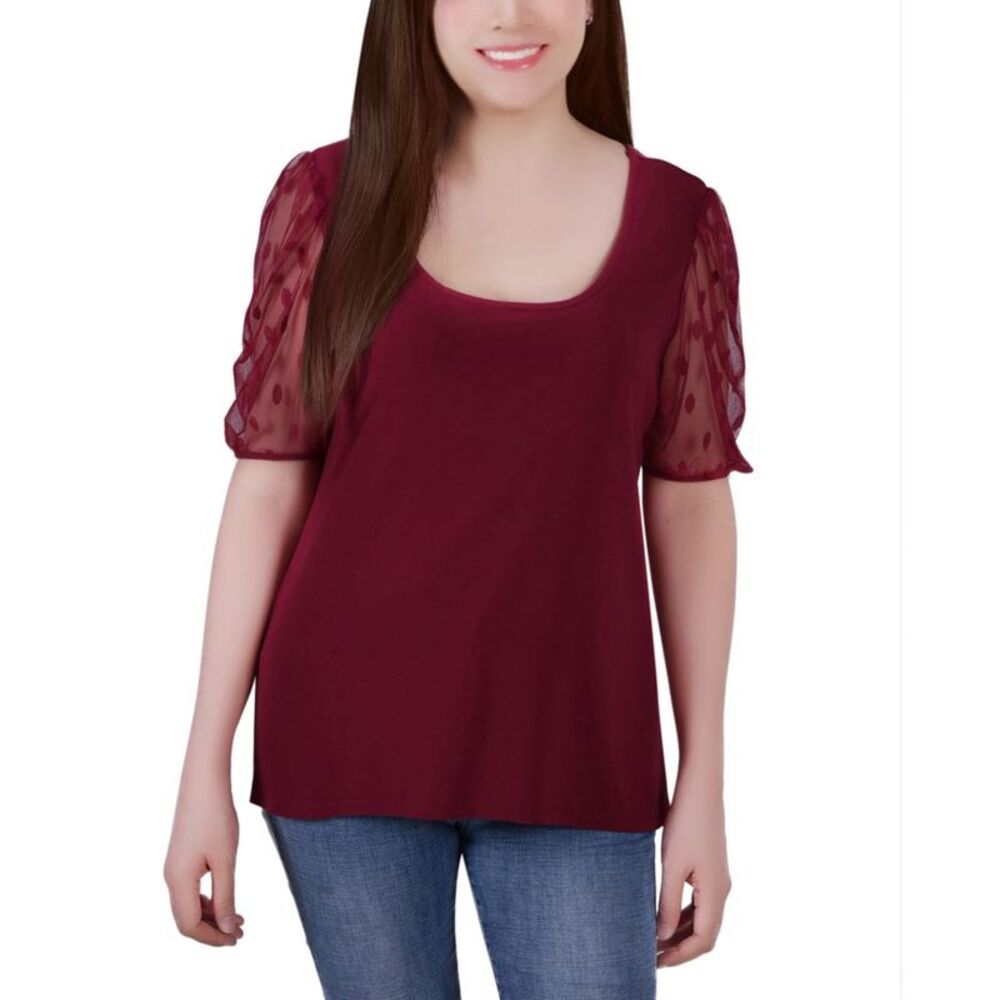 NY Collection Petite Mesh Dot Elbow Sleeve Crepe Top